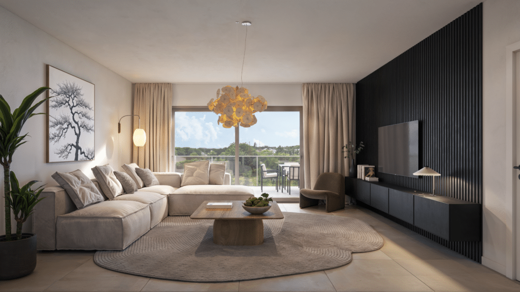 Intérieur d'un appartement neuf à Thionville avec un grand salon contemporain épuré s'ouvrant sur un balcon-terrasse.