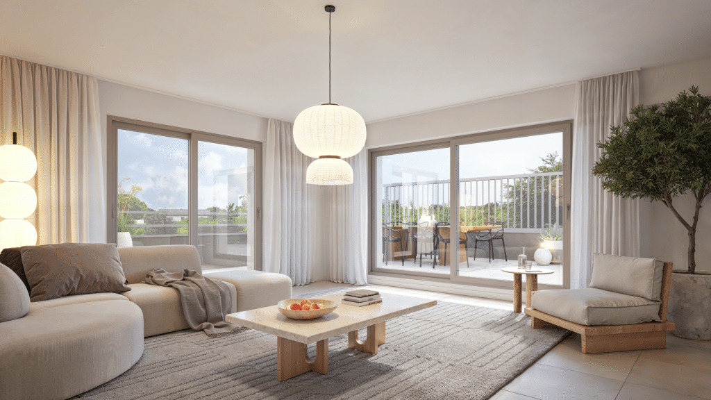 Immobilier neuf à Thionville : salon d'un appartement de standing avec grande terrasse extérieure et double vitrage coulissant.