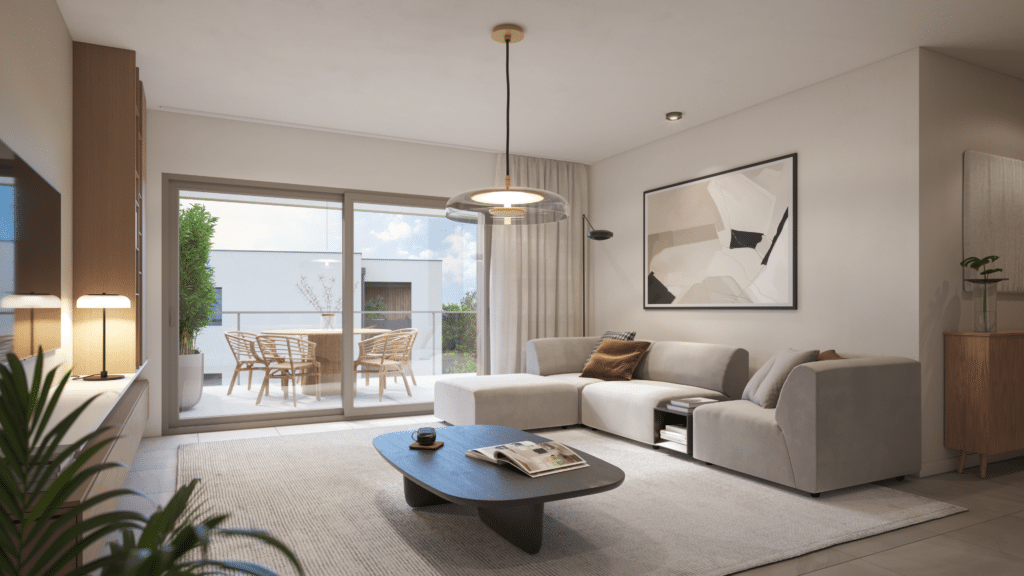 Aménagement intérieur d'un appartement de la résidence Lumina à Thionville avec grand salon design, mur de tasseaux noirs et terrasse arborée.