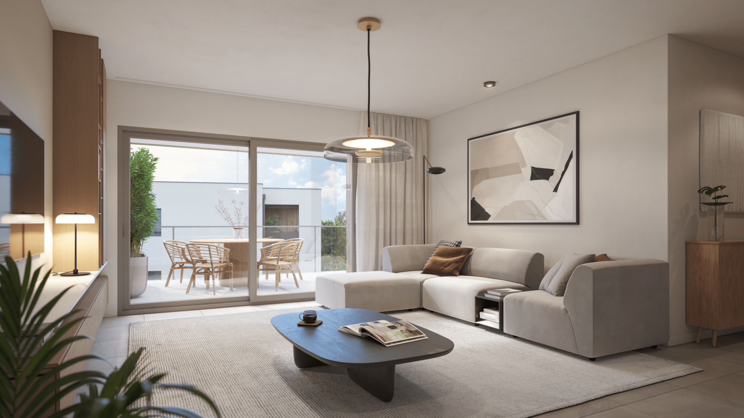 Aménagement intérieur d'un appartement de la résidence Lumina à Thionville avec grand salon design, mur de tasseaux noirs et terrasse arborée.