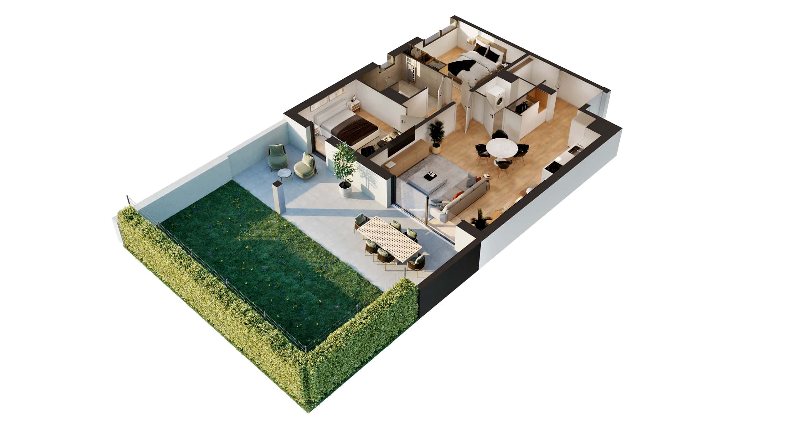 Plan de masse 3D d'un appartement neuf T3 à Thionville Garche avec grande terrasse, jardin, salon lumineux, chambres meublées et cuisine ouverte.