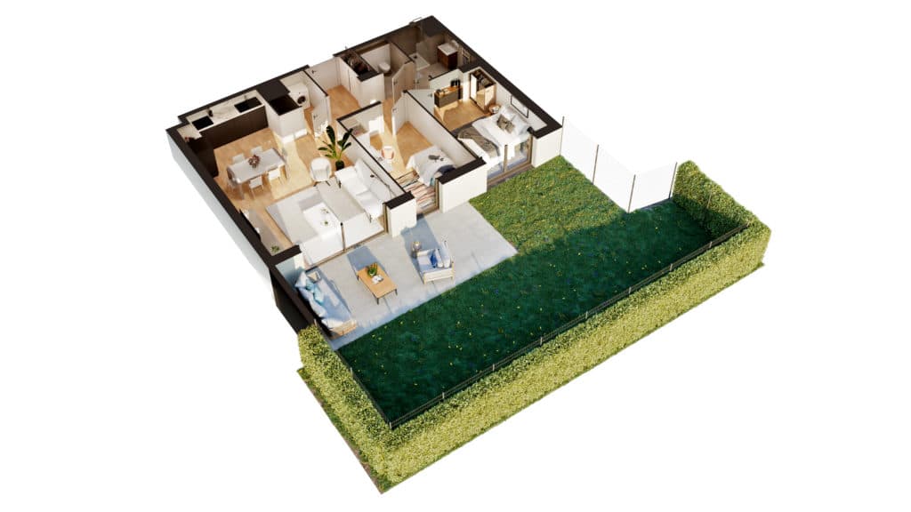 Plan de masse 3D d'un appartement T3 neuf à Thionville Garche avec terrasse et jardin et cuisine équipée ouverte.