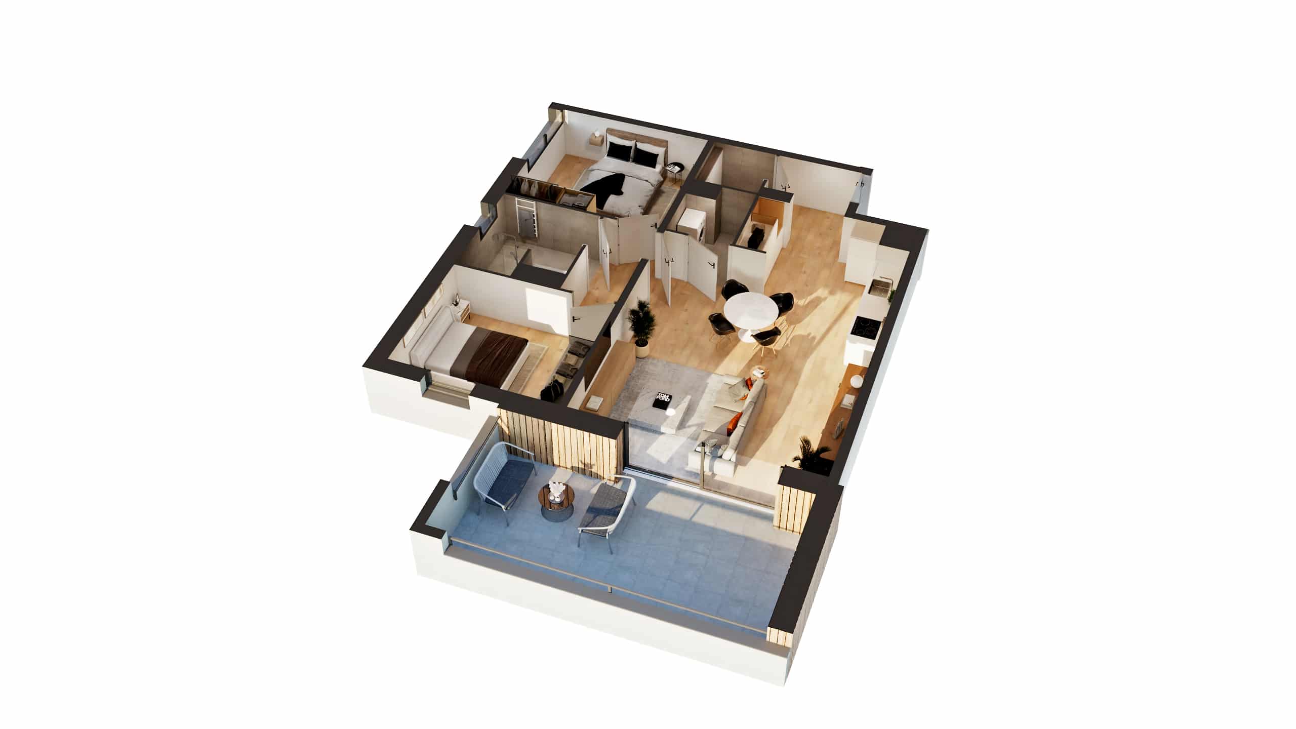 Plan de masse 3D d'un appartement neuf T3 à Thionville Garche avec grande terrasse, salon lumineux, chambres meublées et cuisine ouverte.