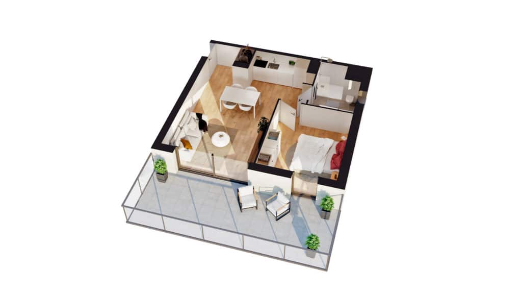 Plan de masse 3D d'un appartement T2 neuf à Thionville Garche avec grand balcon et cuisine équipée ouverte.
