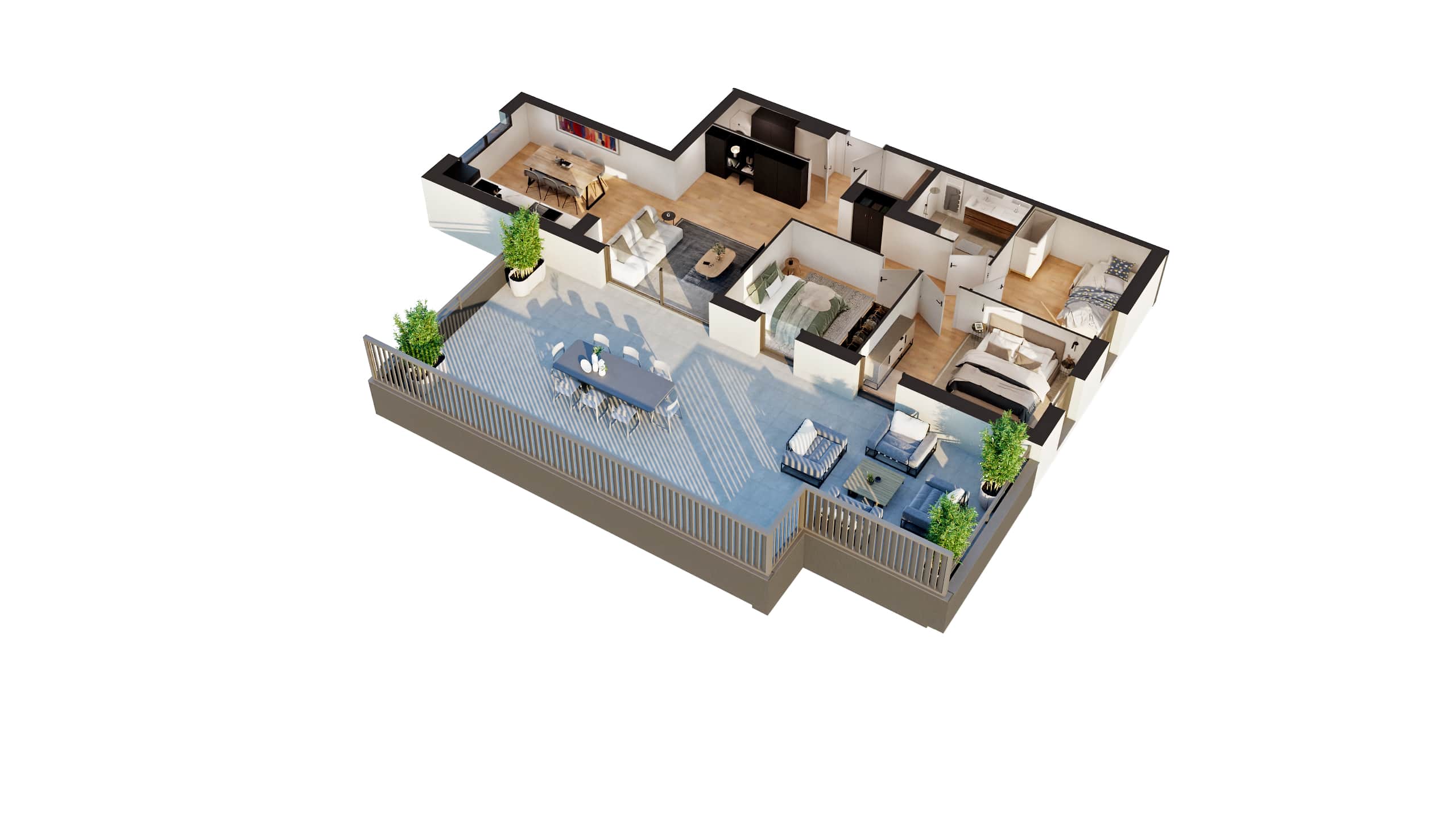 Plan de masse 3D d'un appartement neuf T4 à Thionville avec grande terrasse, salon lumineux et chambres meublées.>