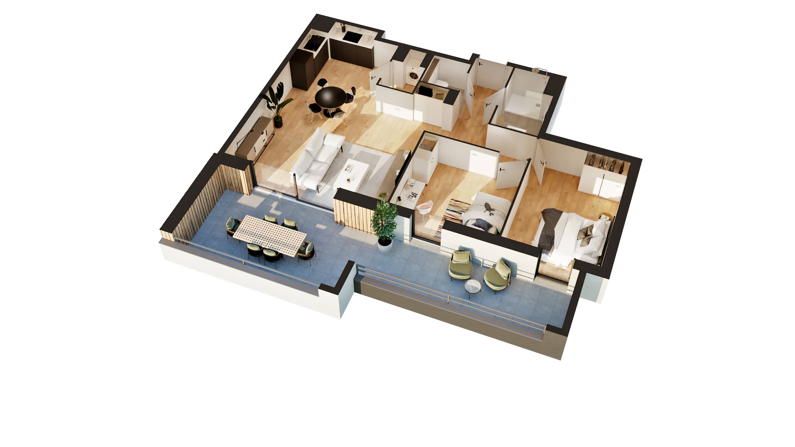 Plan de masse 3D d'un appartement neuf T3 à Thionville Garche avec grande terrasse, salon lumineux, chambres meublées et cuisine ouverte.