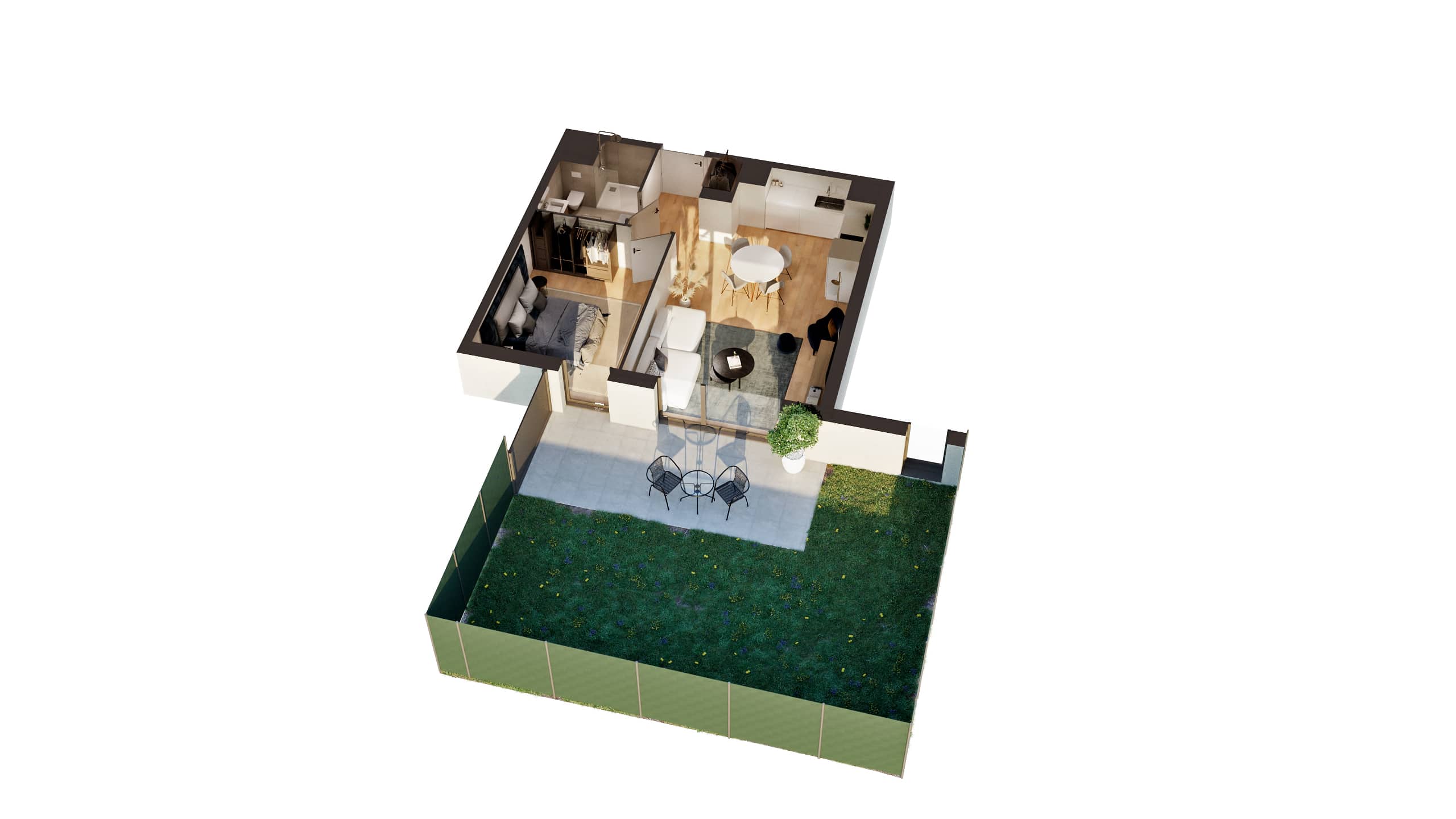 Plan de masse 3D d'un appartement neuf T2 à Thionville Garche avec grande terrasse, salon lumineux, chambre meublée et cuisine ouverte.