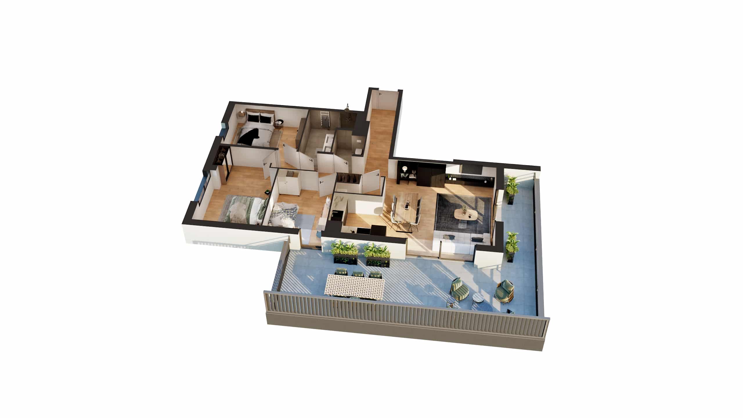 Plan de masse 3D d'un appartement neuf T4 à Thionville Garche avec grande terrasse, salon lumineux, chambres meublées et cuisine ouverte.