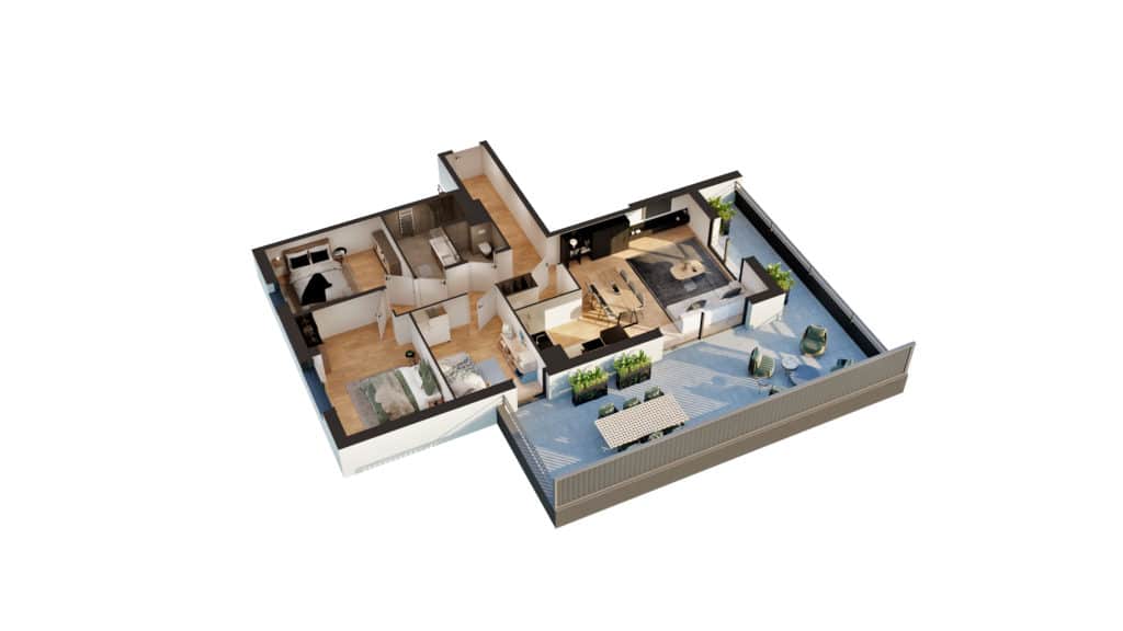Plan de masse 3D d'un appartement T4 neuf à Thionville Garche avec grand balcon et cuisine équipée ouverte.