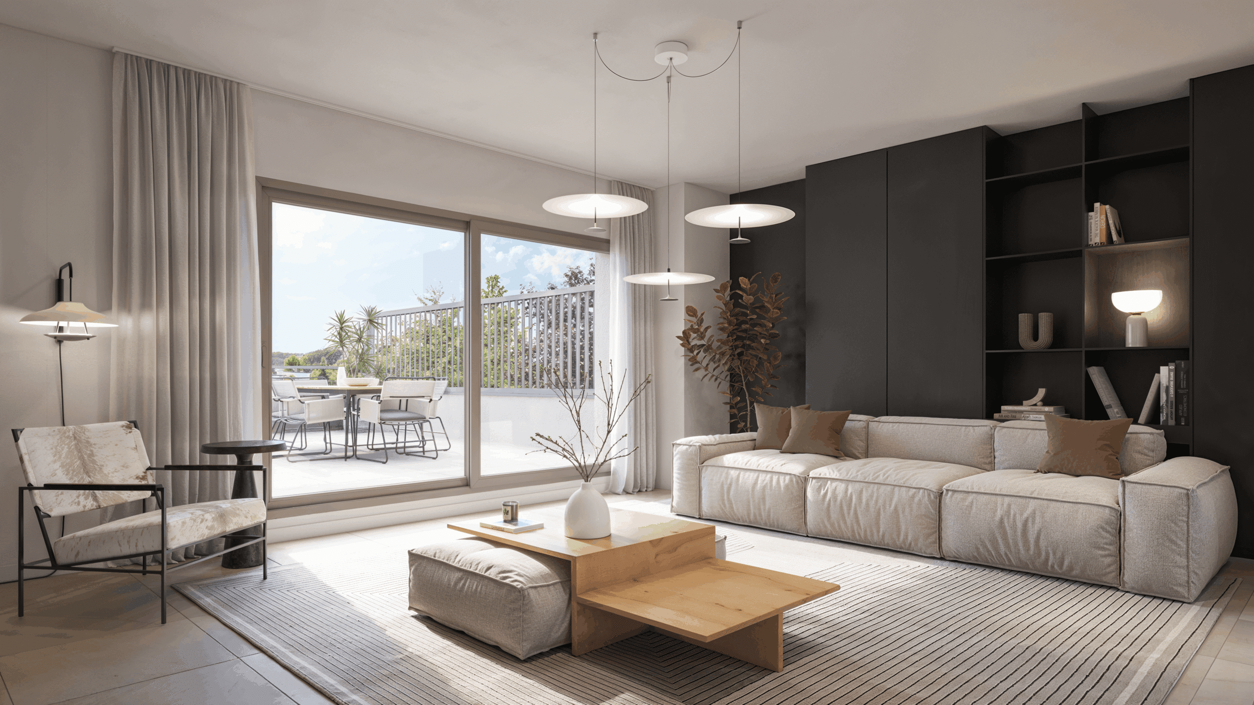 Intérieur design d'un appartement neuf à Garche dans la résidence Lumina, avec grand séjour lumineux et prestations haut de gamme.