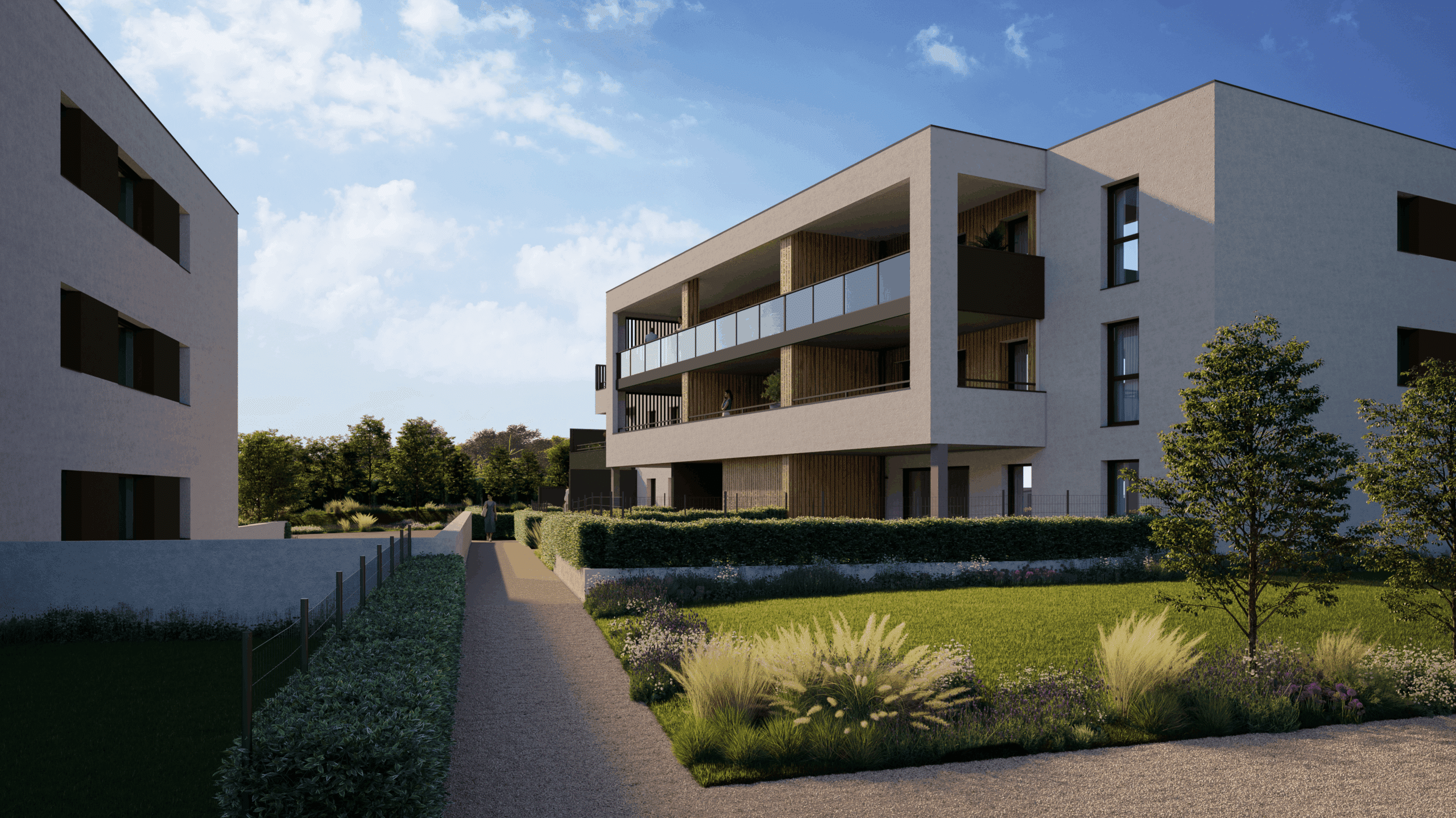 Programme immobilier neuf Lumina à Garche : architecture moderne avec grands balcons et jardins paysagers.