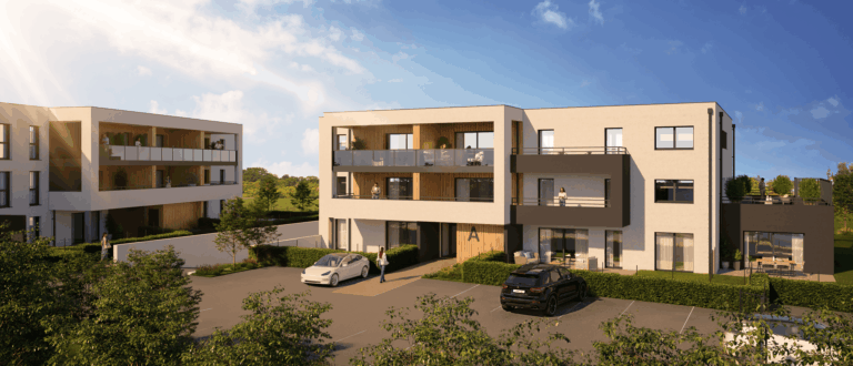 Façade moderne et parkings privatifs de la résidence immobilière Lumina à Garche.